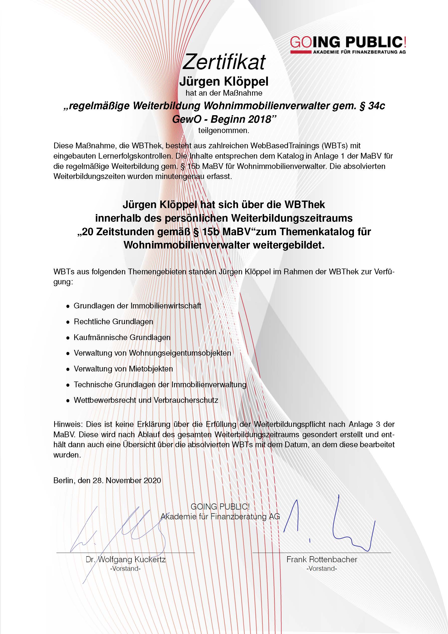Zertifikat Weiterbildung JK 1