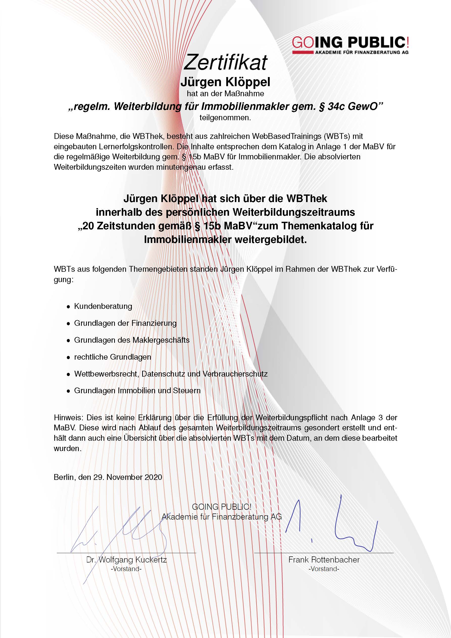 Zertifikat Weiterbildung JK 2