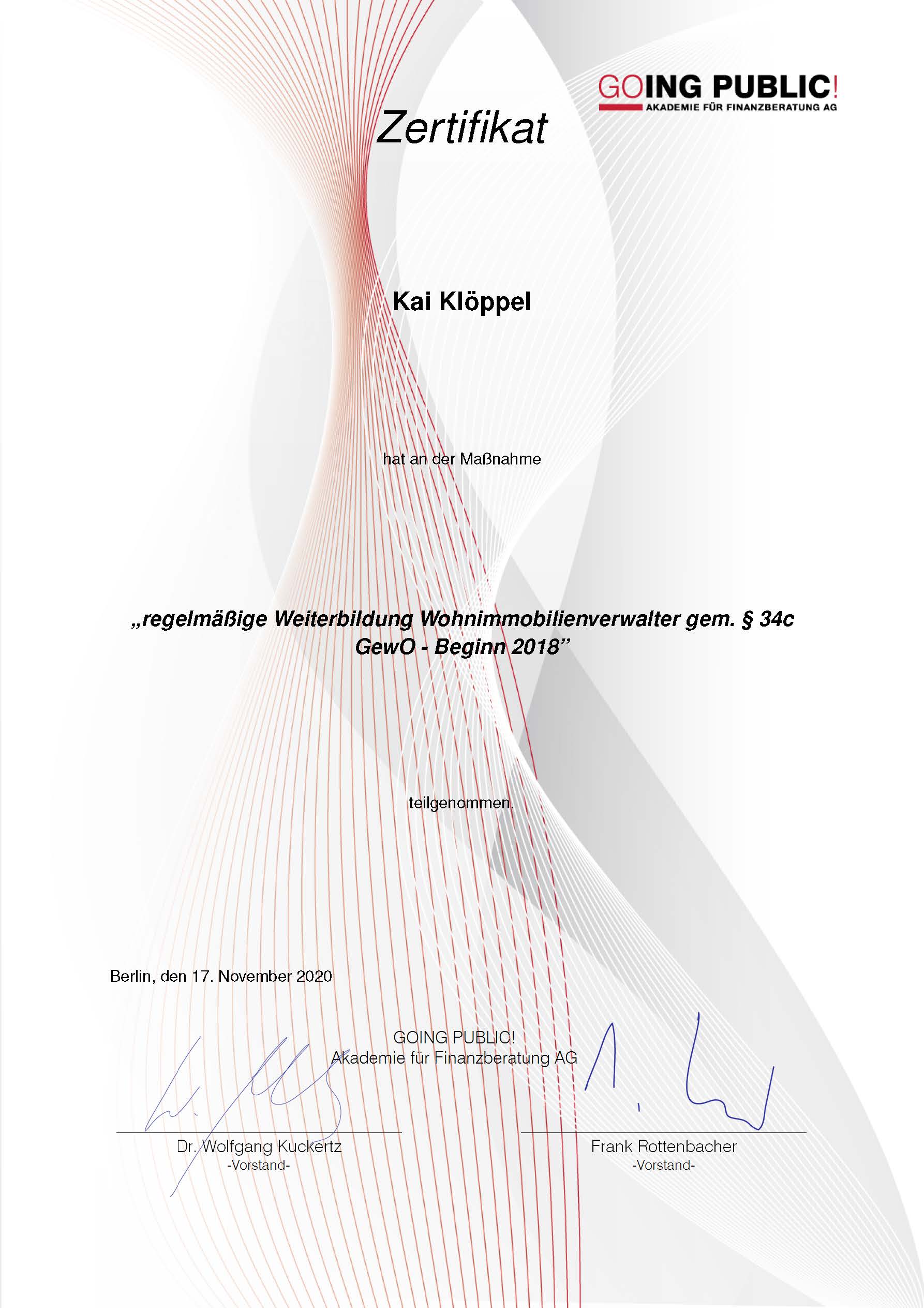 Zertifikat Weiterbildung KK 1