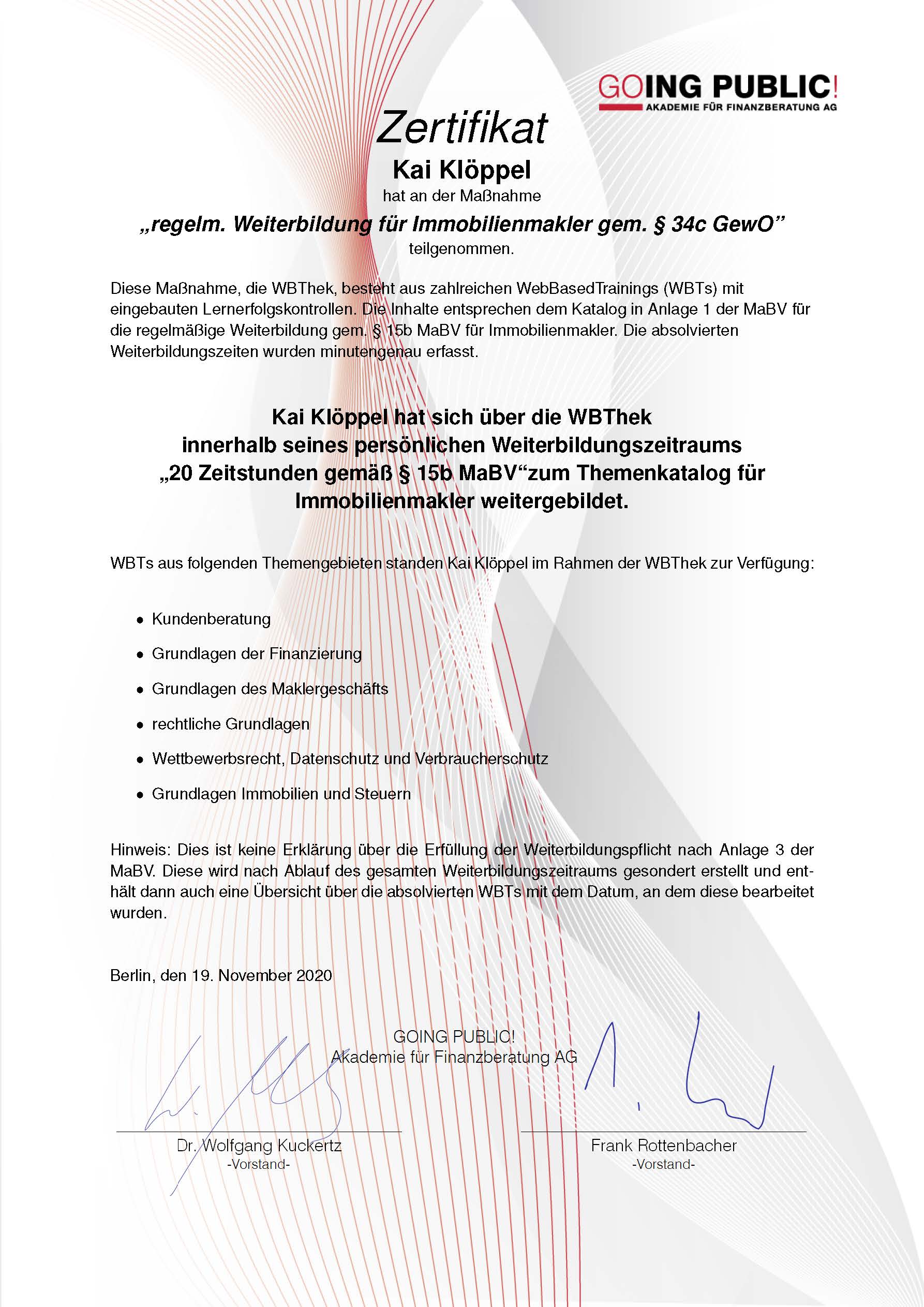 Zertifikat Weiterbildung KK 2